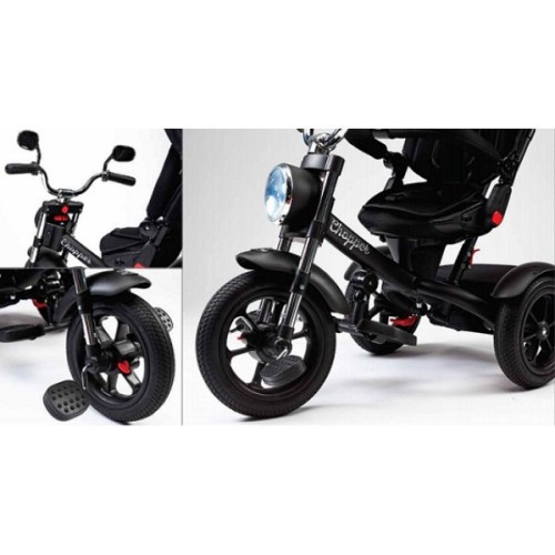 Детский трёхколёсный велосипед Chopper Trike CH1 с сидением вращающемся на 180 град надувные колеса амортизаторы регулируемая спинка черный хромовый